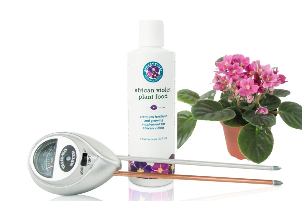 Indoor gardener combo pack of African violet plant food and moisture meter that get an African violet to bloom again.